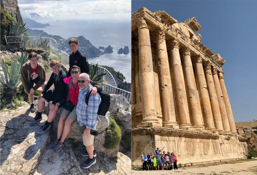 Left: The Stumpff family stops for a family picture in front of the Mediterranean during their trip to Italy. Right: The Fayad family visits the Temple of Bacchus in Baalbek, Lebanon. 