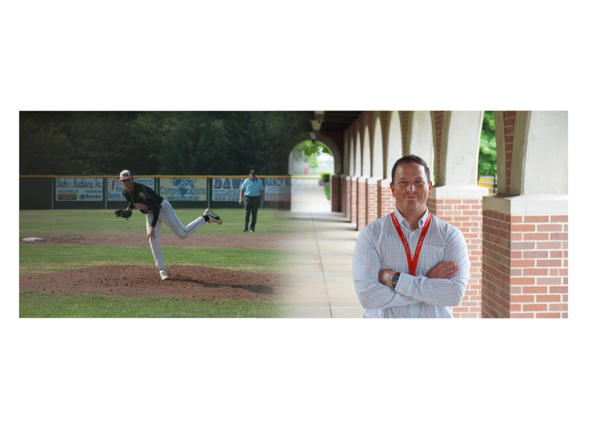 Carlson’s Glory Days Tim Carlson is pictured in his past baseball uniform and his present day work attire. Carlson was one of the featured alumni  guest speakers who came to talk to the 2024 varsity team.