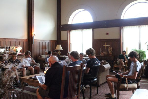 Students and monks gather together for Lectio in the Monastery. Lectio is held every Thursday for any students, staff, and community members interested in deepening their relationship with God.