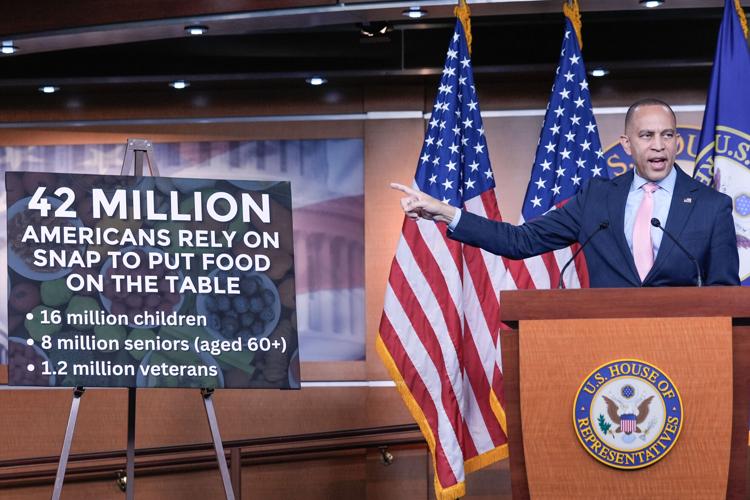 SNAP Shutdown House Minority Leader Hakeem Jeffries speaks during a conference at the Capitol. The news conference discussed the impact of SNAP benefits not being renewed. Photo courtesy of Mariam Zuhaib of AP News.