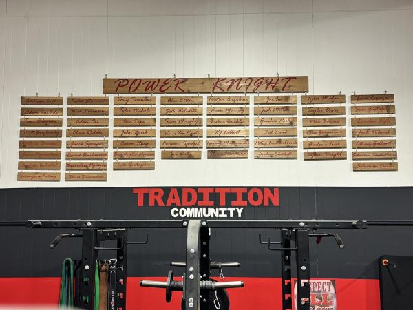 The Cream of the Crop The names of Mount Michael students who have achieved Power Knight hang in the weight room. Any student is allowed to compete for the title. 
Photo by Brian Ostrander ‘26.