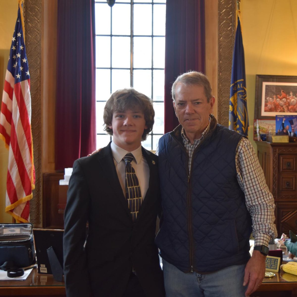 Pearson Meets Pillen Rylan Pearson ‘27 meets Nebraska Governor Jim Pillen in his office for an interview. The two discussed the role of students in government.