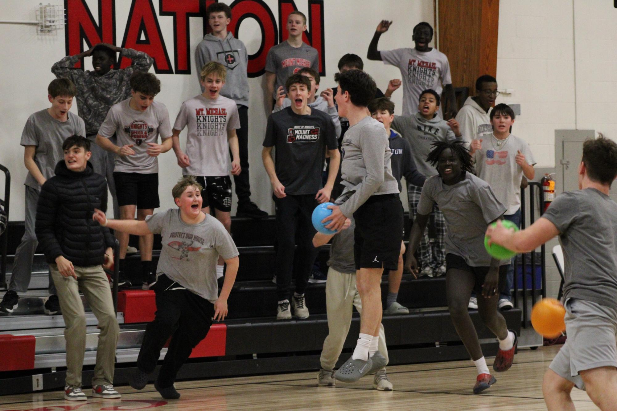 Bennett Sailer ‘29 leaps in celebration after eliminating Brady Quinlivan ‘26 in the freshmen vs. senior game. The freshmen improved significantly since their first semester debut.
